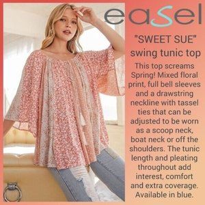 EASEL “Sweet Sue” Floral Lightweight Slinky Top W/Drawstring Neck Bell Sleeves